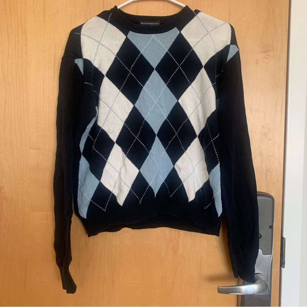 Brandy Melville navy blue white argyle sweater women’s one size small medium